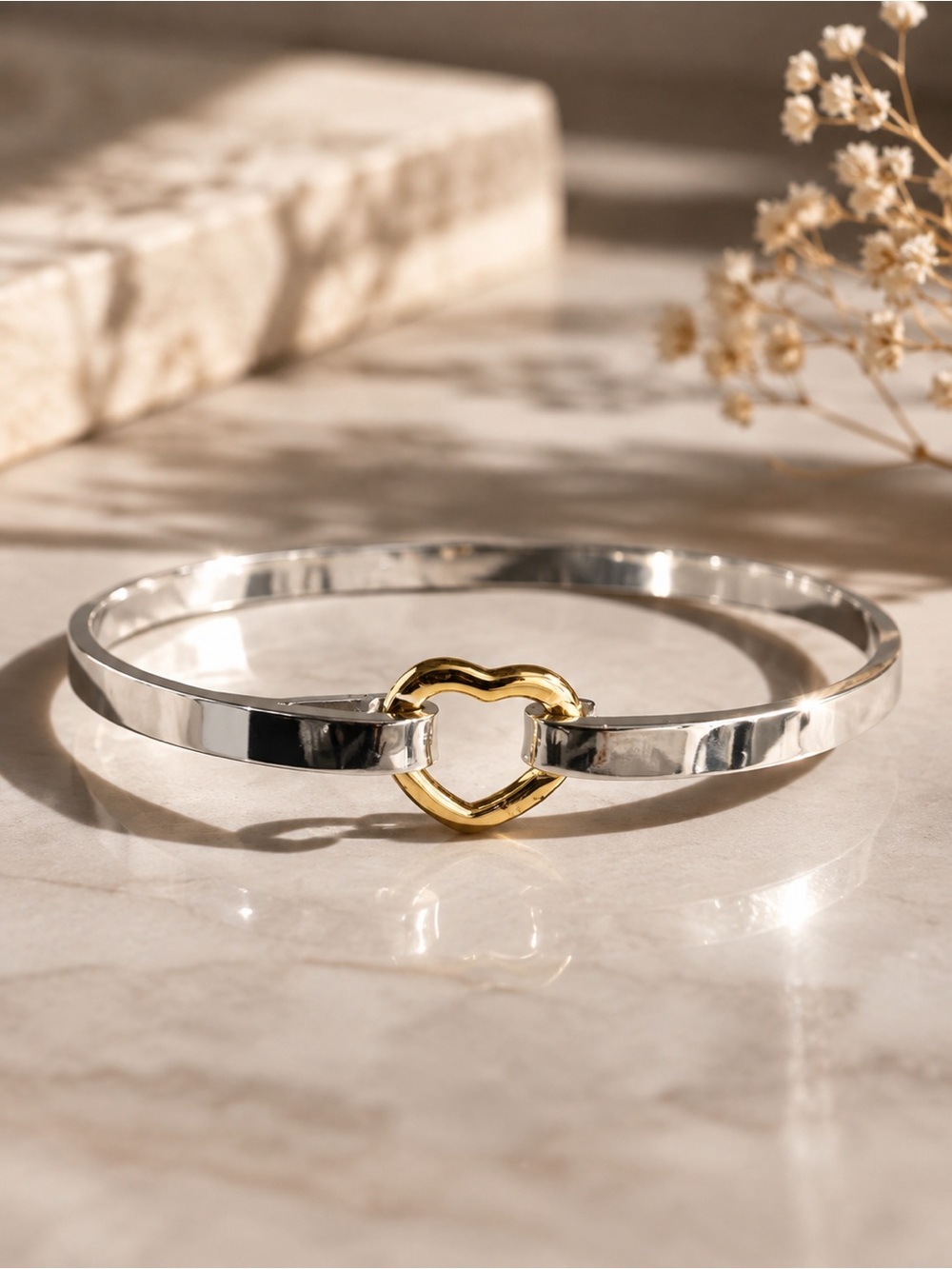 Two-Tone Heart Bangle Bracelet - Silver with Gold Heart